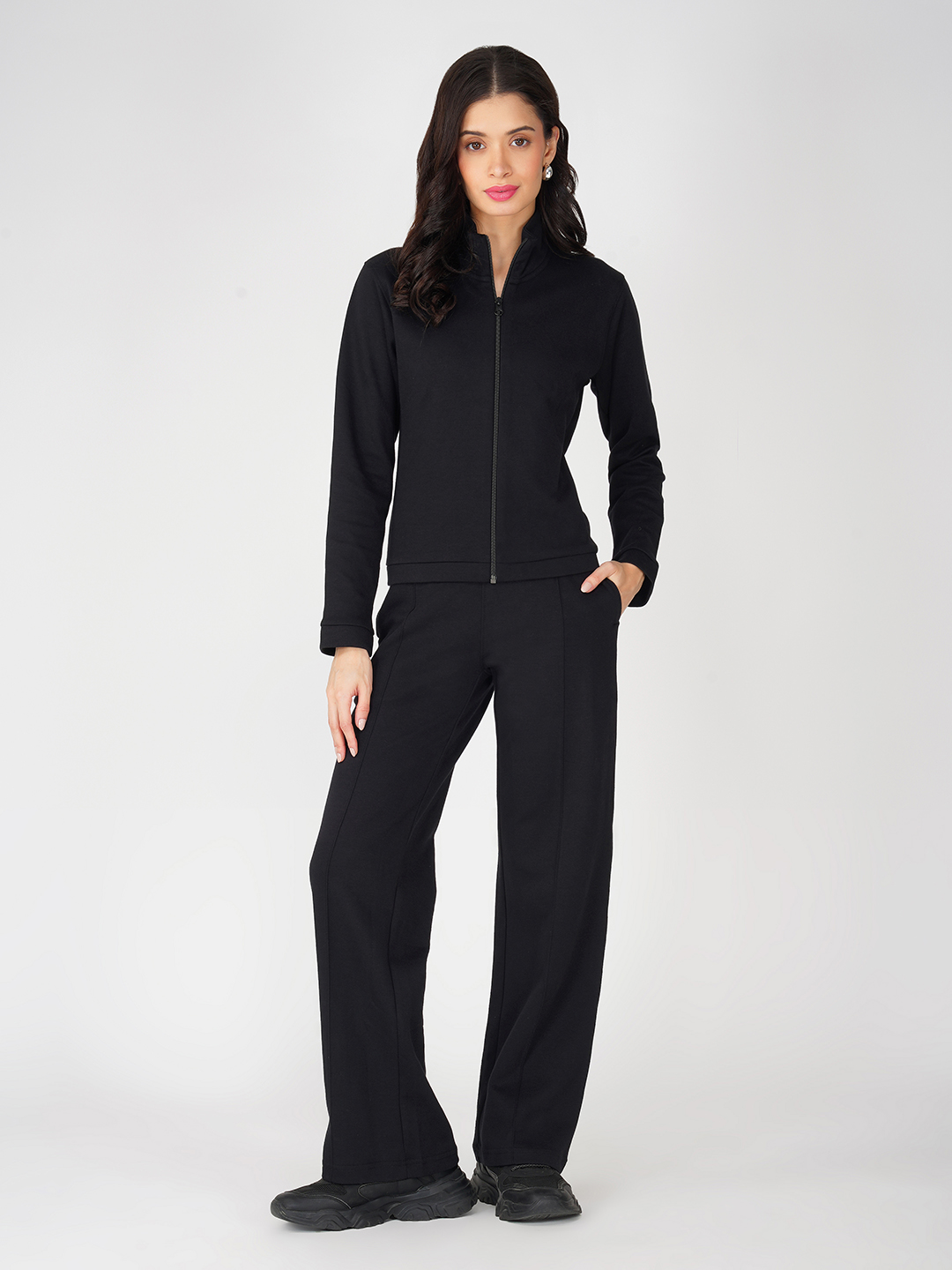 Oneway Women Solid Black 1 Jacket, 1 Trackpants::Tracksuit