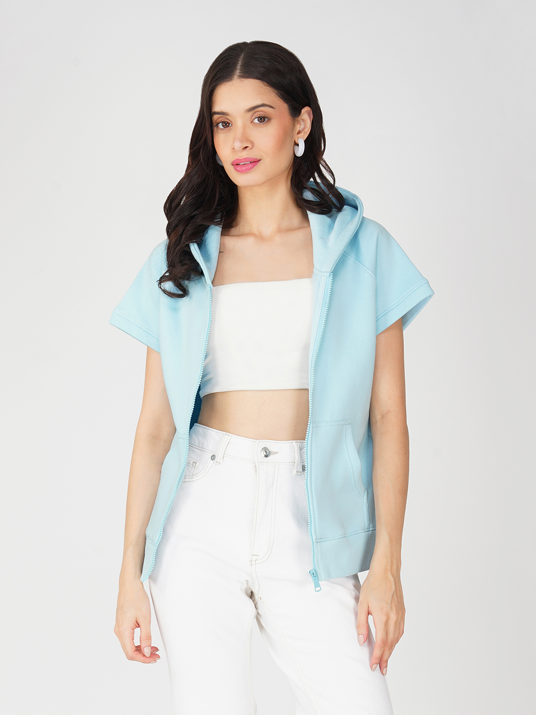 Oneway Women Solid Blue Hooded Jacket