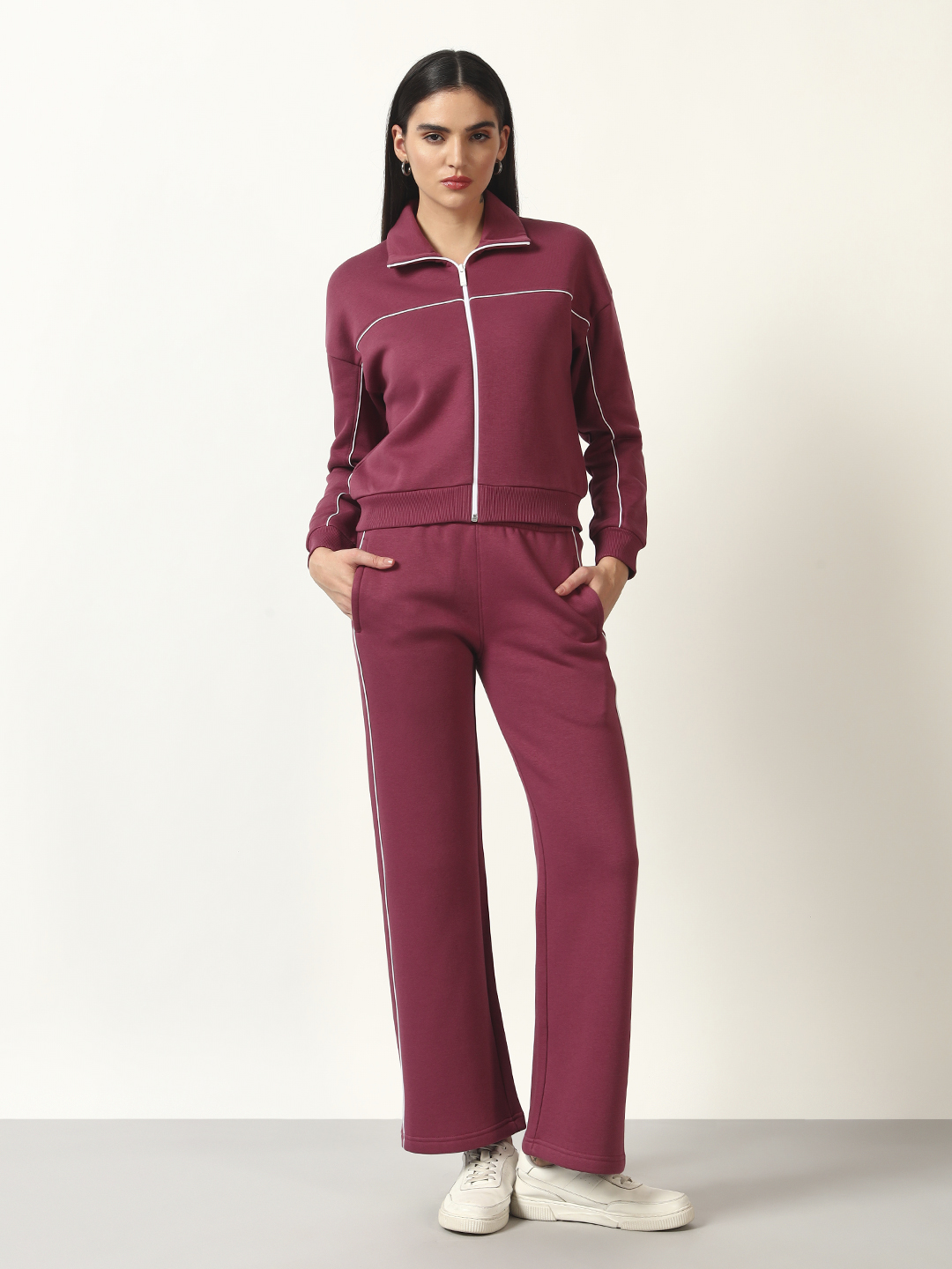 Oneway Women Solid Maroon 1 Jacket,1 Trackpants::Co-Ord Set