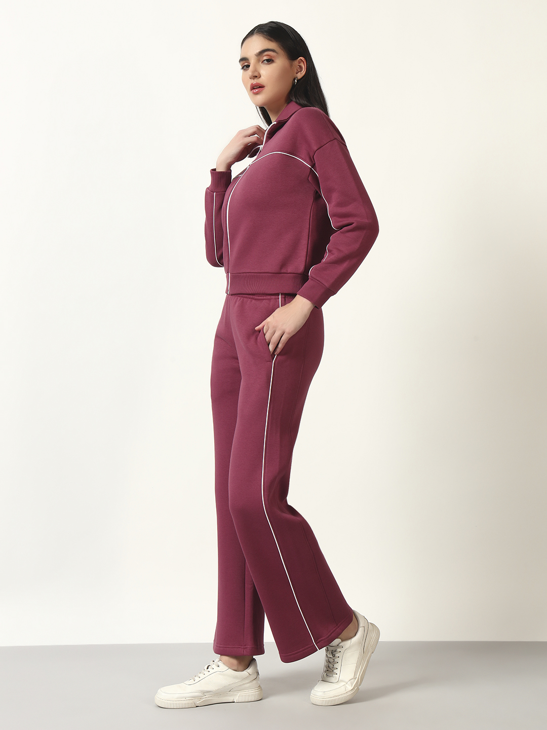 Oneway Women Solid Maroon 1 Jacket,1 Trackpants::Co-Ord Set