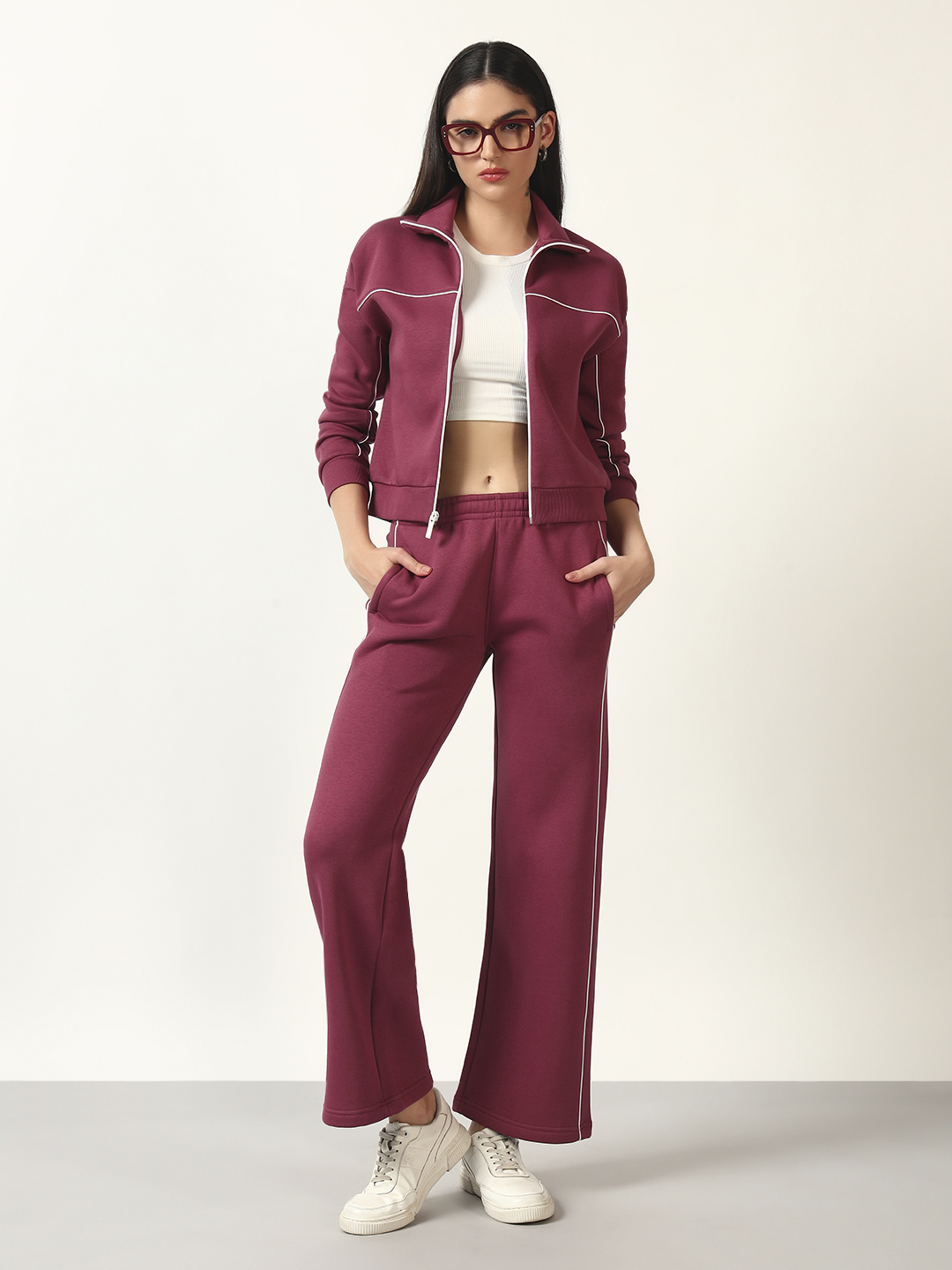 Oneway Women Solid Maroon 1 Jacket,1 Trackpants::Co-Ord Set