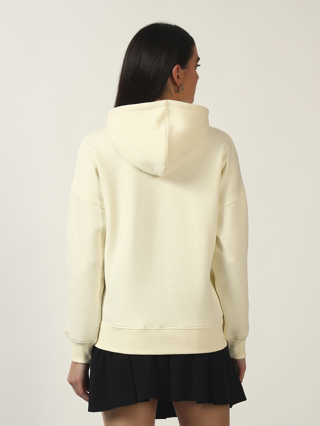 Oneway Women Solid Off White Hooded Sweatshirt
