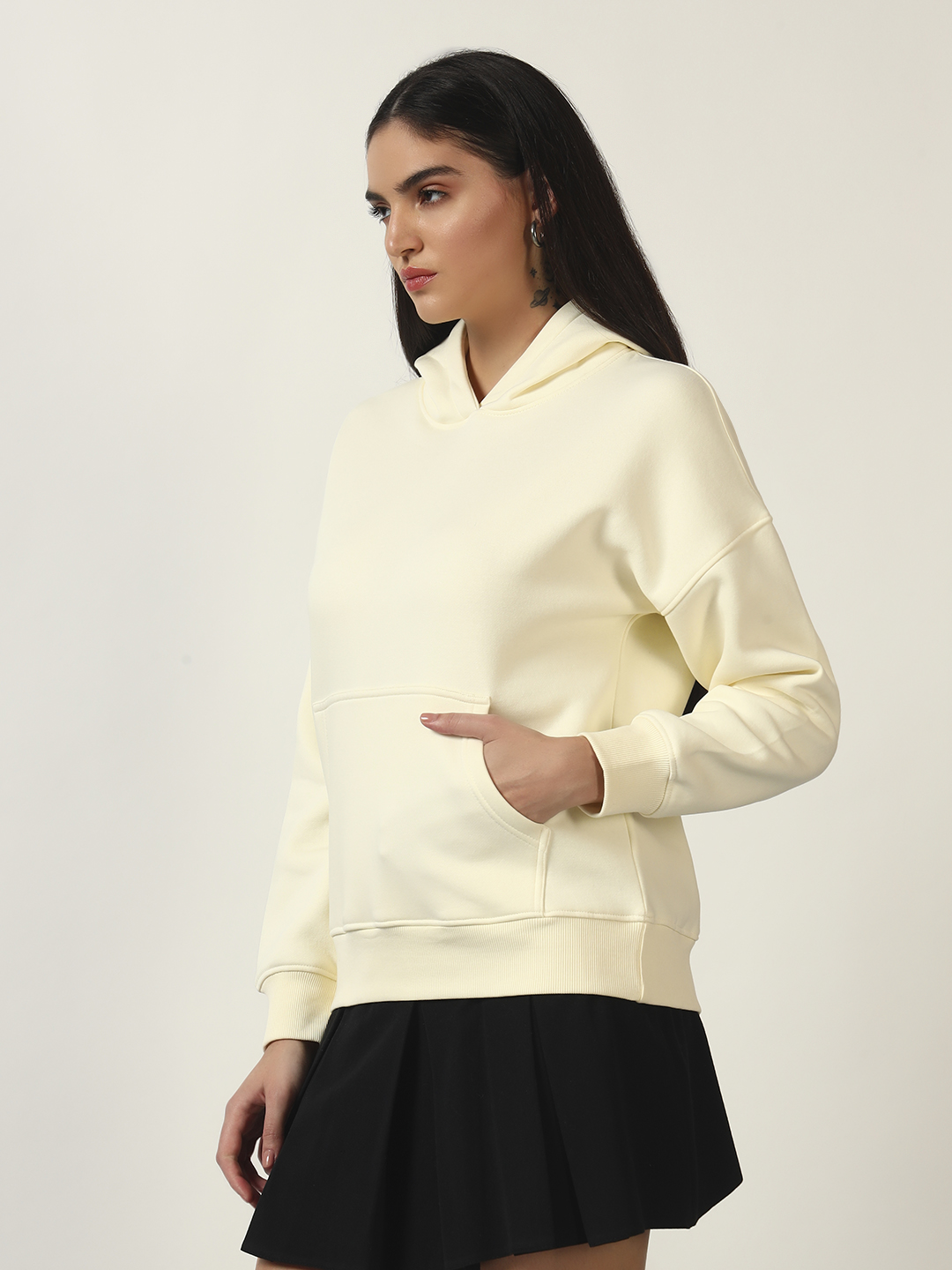 Oneway Women Solid Off White Hooded Sweatshirt