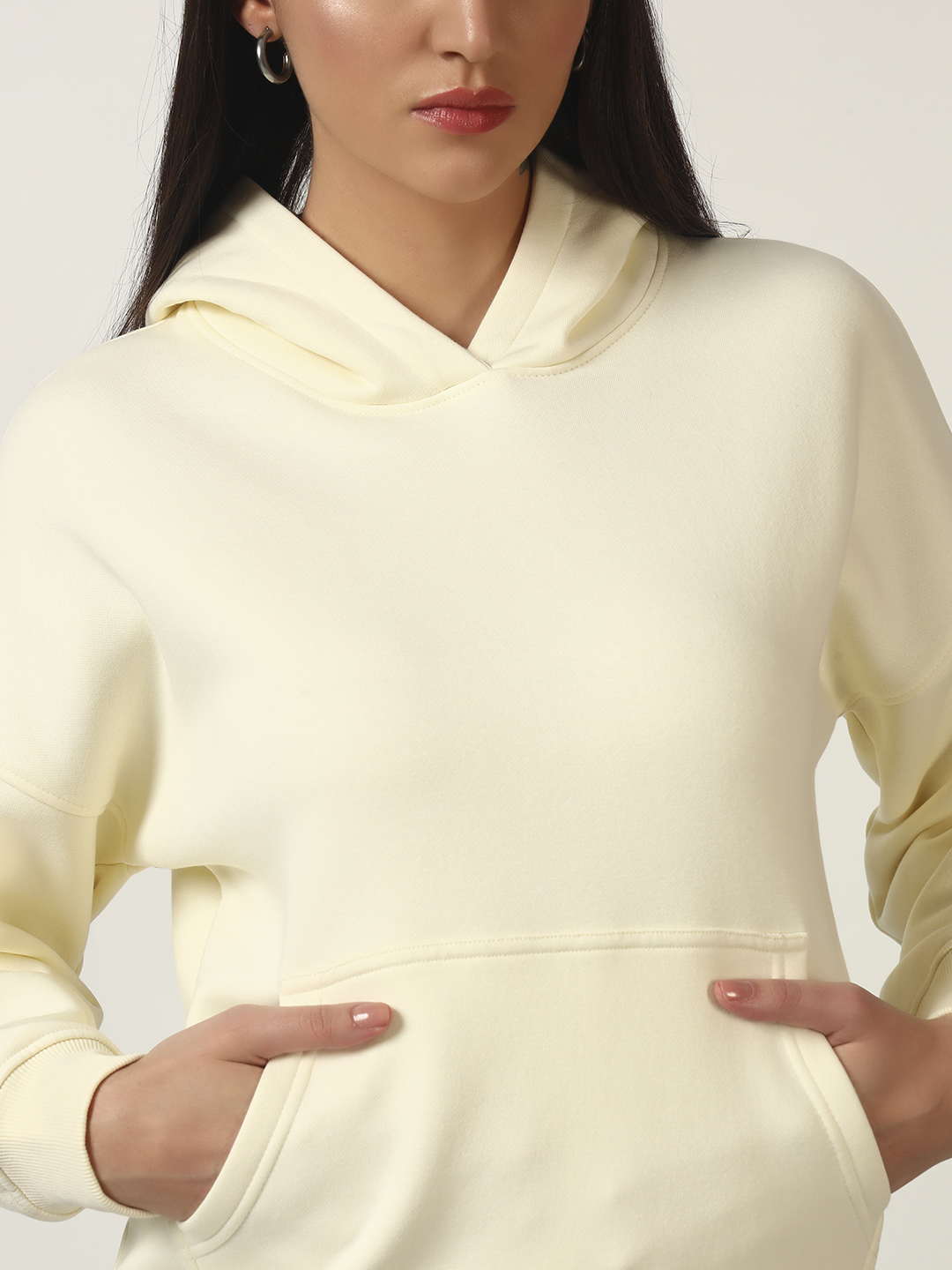 Oneway Women Solid Off White Hooded Sweatshirt