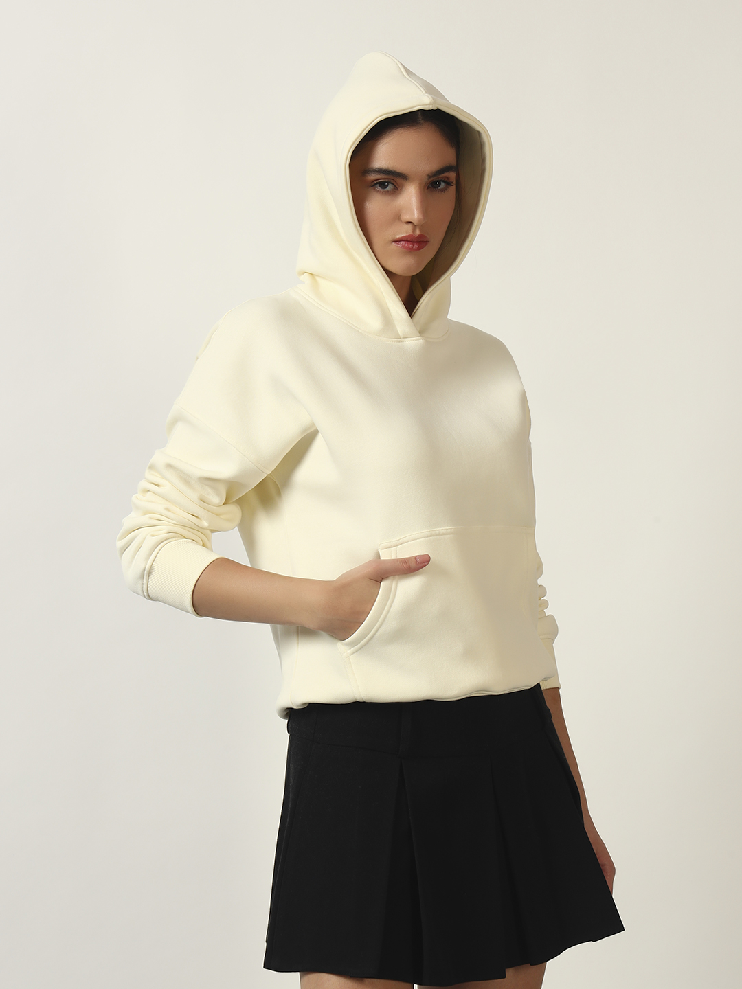 Oneway Women Solid Off White Hooded Sweatshirt