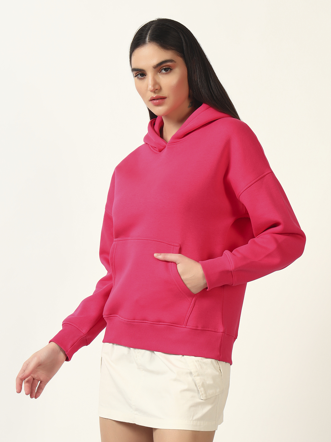 Oneway Women Solid Pink Hooded Sweatshirt