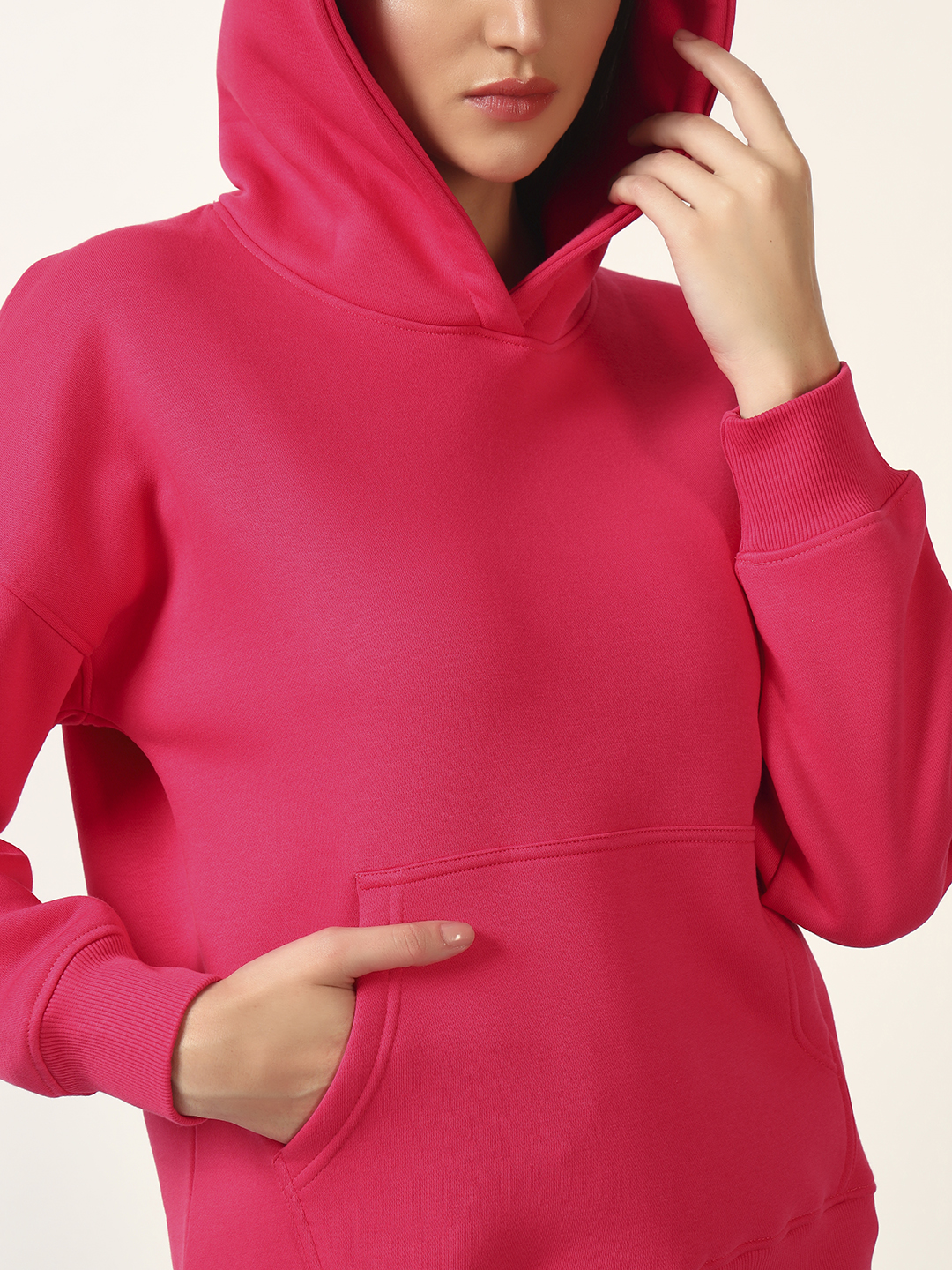 Oneway Women Solid Pink Hooded Sweatshirt