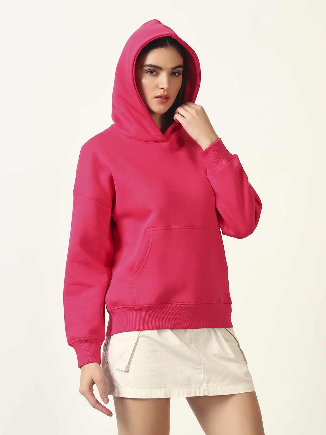 Oneway Women Solid Pink Hooded Sweatshirt