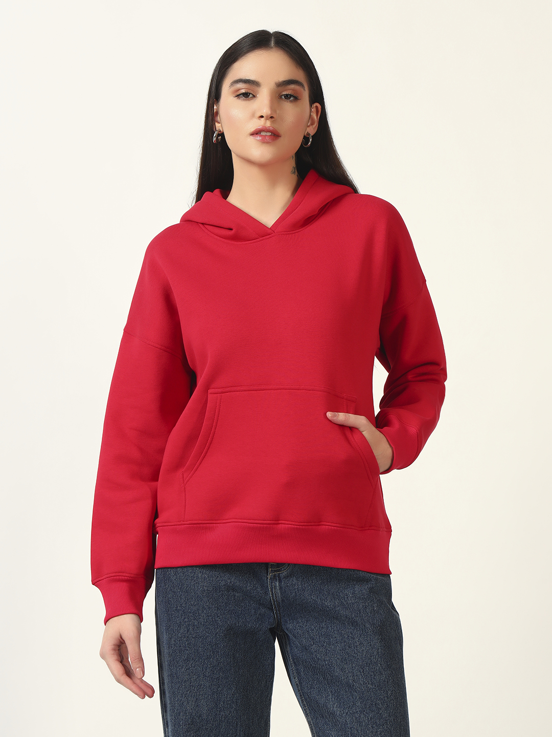 Oneway Women Solid Red Hooded Sweatshirt