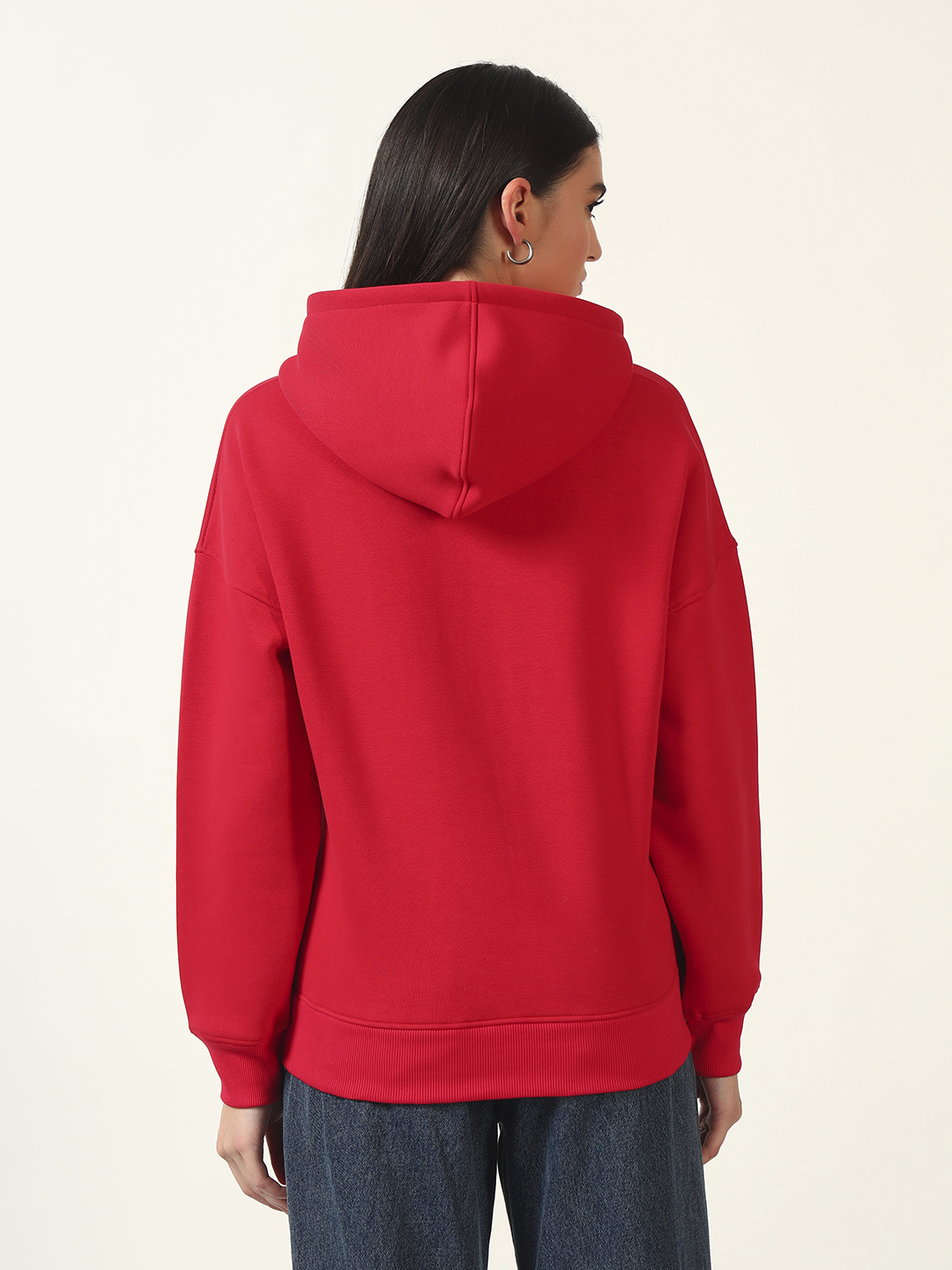 Oneway Women Solid Red Hooded Sweatshirt