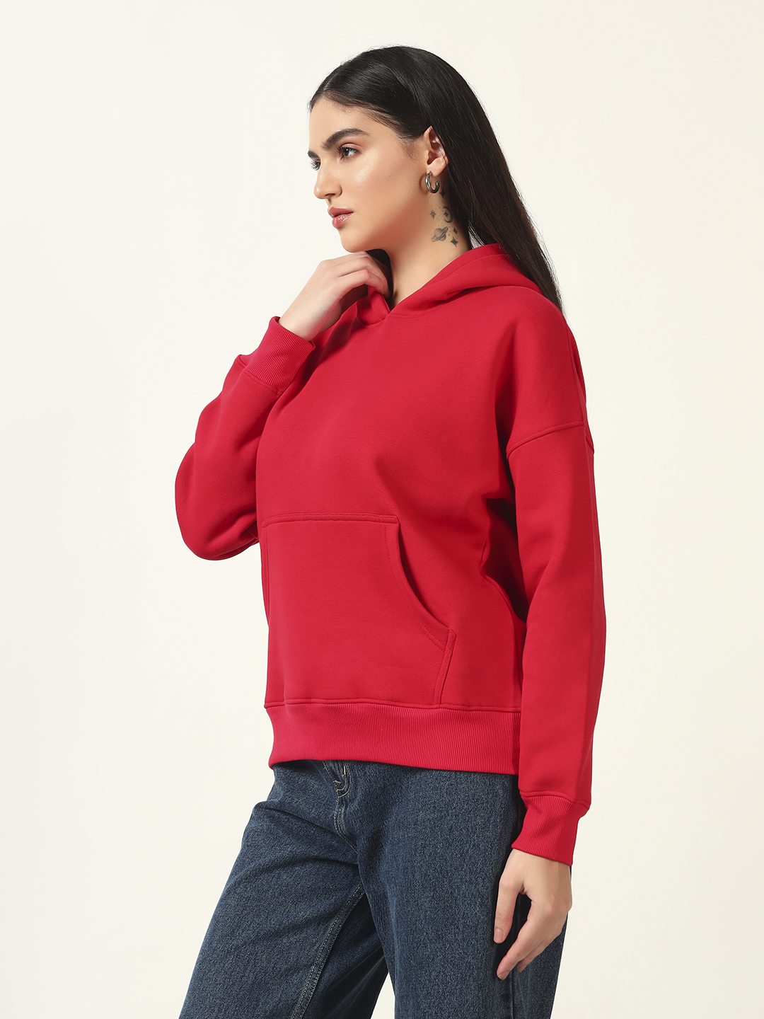 Oneway Women Solid Red Hooded Sweatshirt