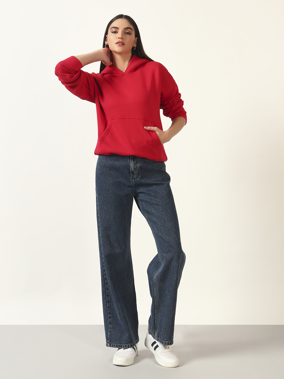 Oneway Women Solid Red Hooded Sweatshirt