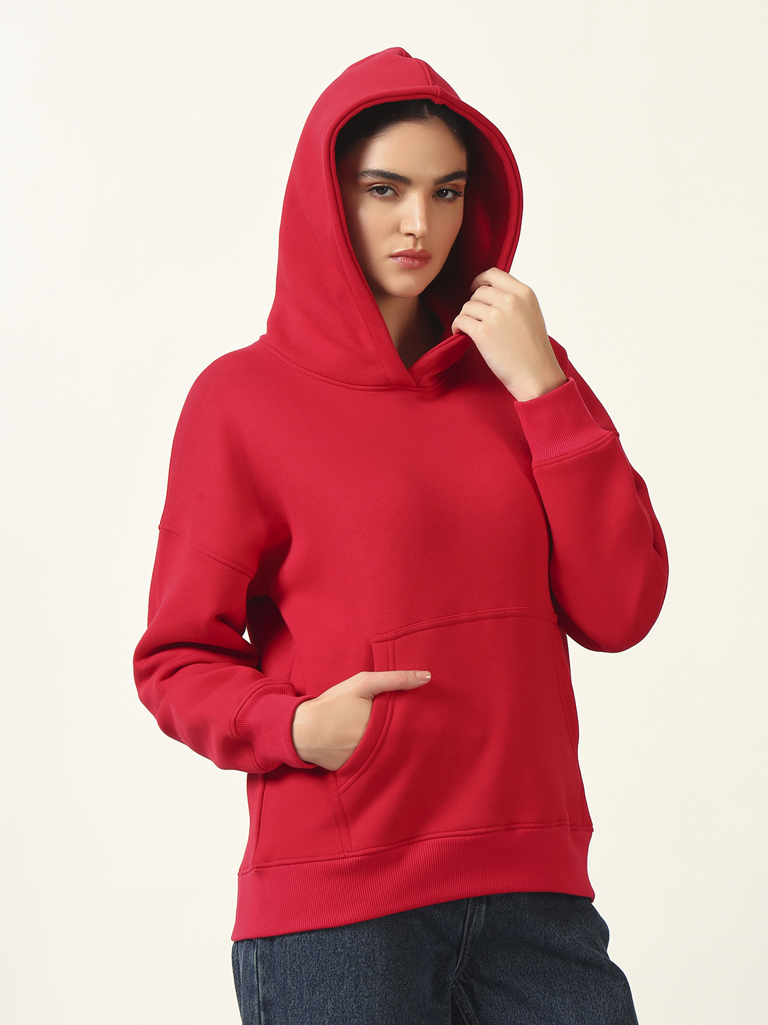 Oneway Women Solid Red Hooded Sweatshirt