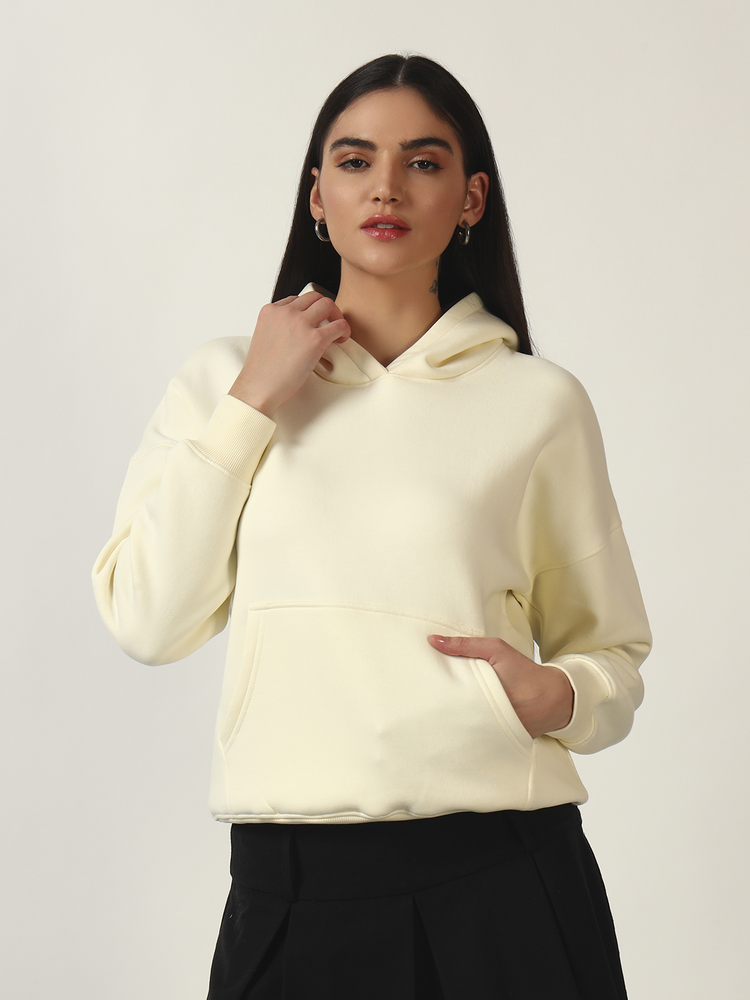 Oneway Women Solid Cream Hooded Sweatshirt