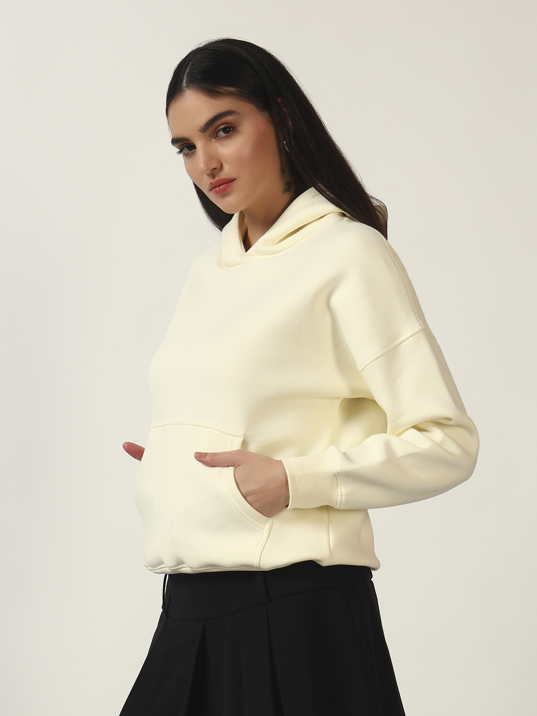 Oneway Women Solid Cream Hooded Sweatshirt