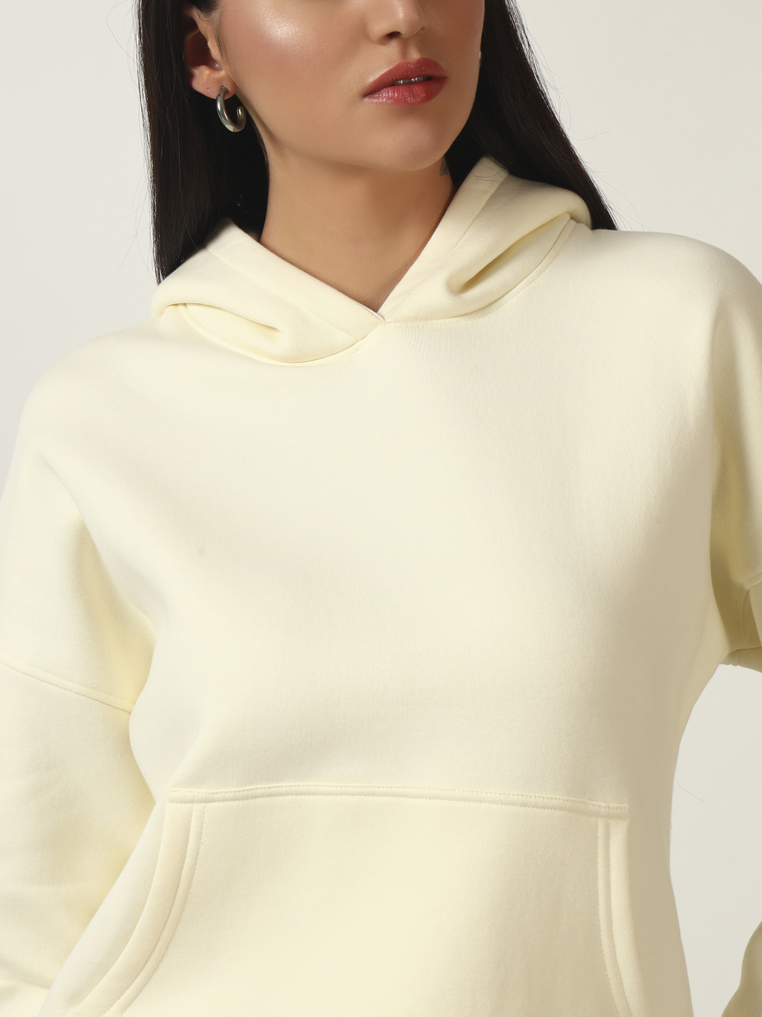 Oneway Women Solid Cream Hooded Sweatshirt
