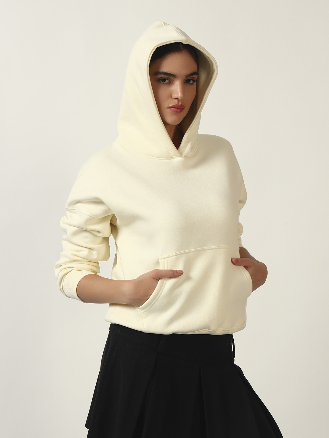 Oneway Women Solid Cream Hooded Sweatshirt