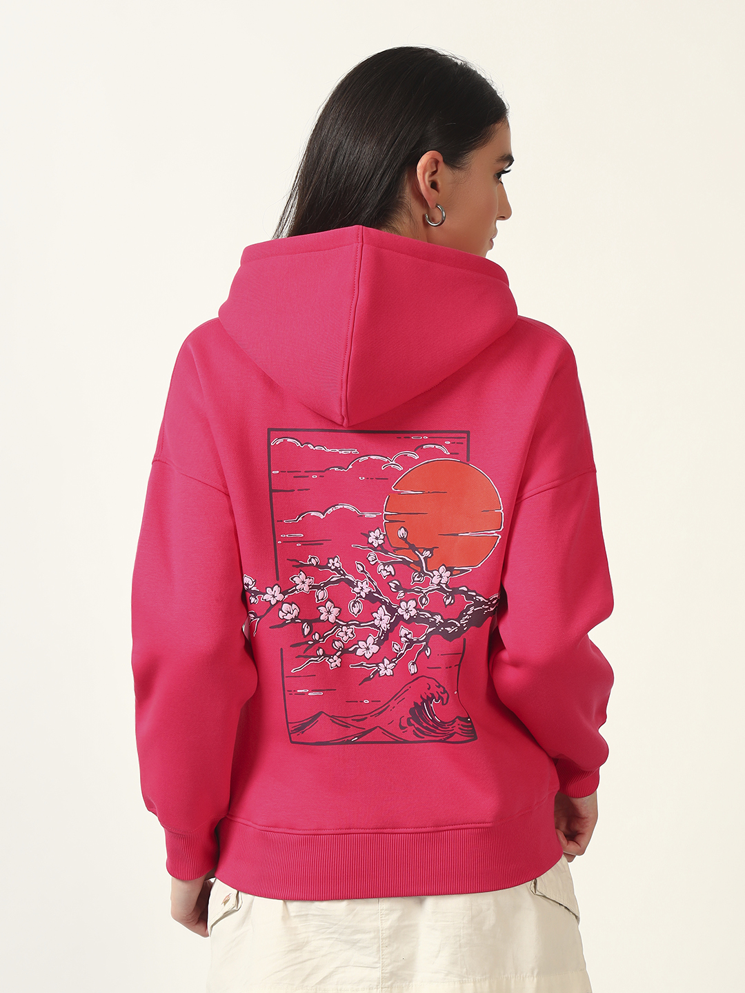 Oneway Women Solid Pink Hooded Sweatshirt