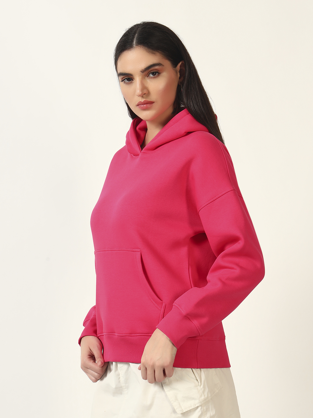 Oneway Women Solid Pink Hooded Sweatshirt