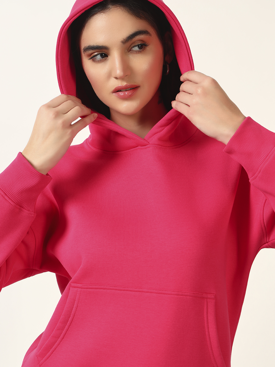 Oneway Women Solid Pink Hooded Sweatshirt