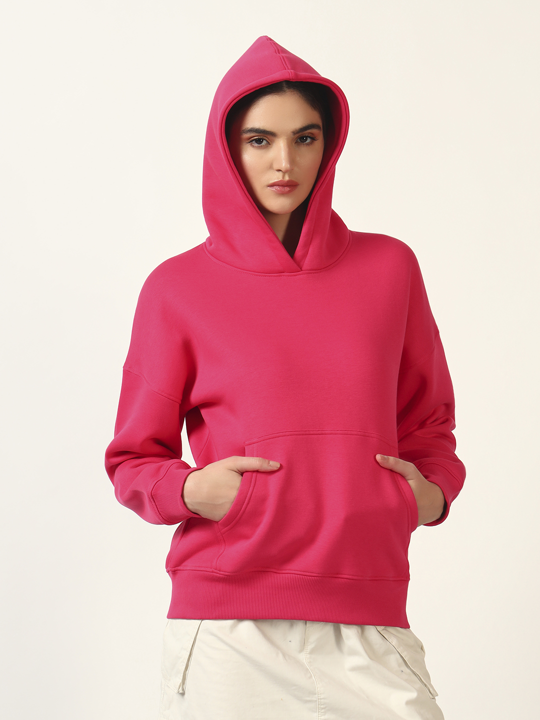 Oneway Women Solid Pink Hooded Sweatshirt