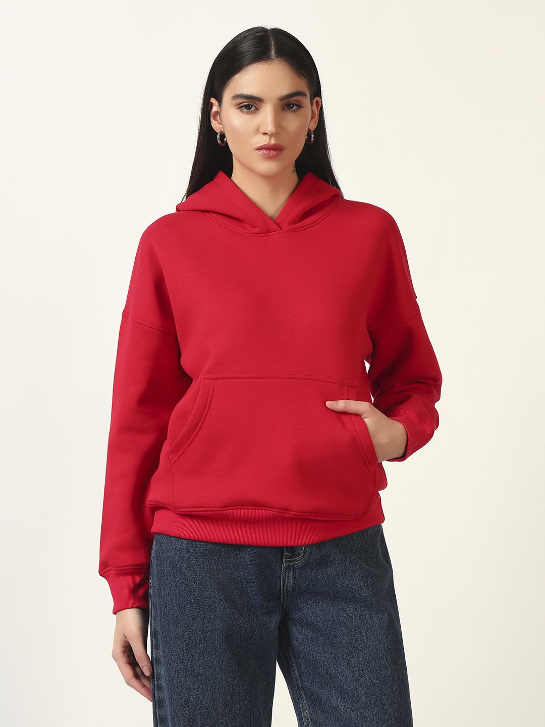 Oneway Women Solid Red Hooded Sweatshirt