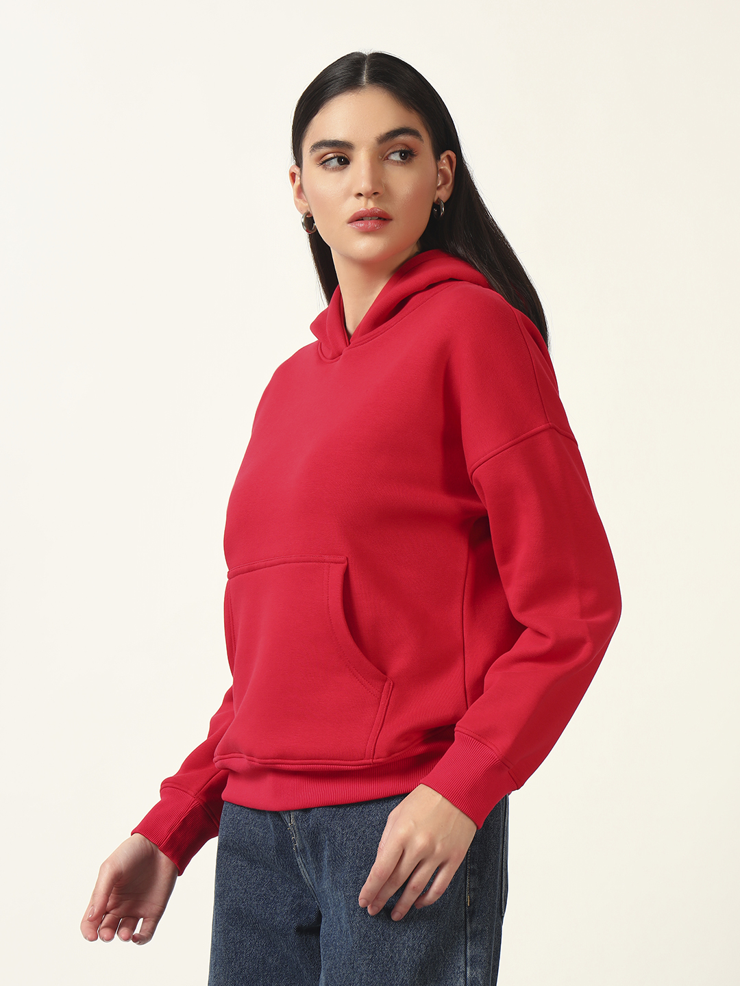 Oneway Women Solid Red Hooded Sweatshirt