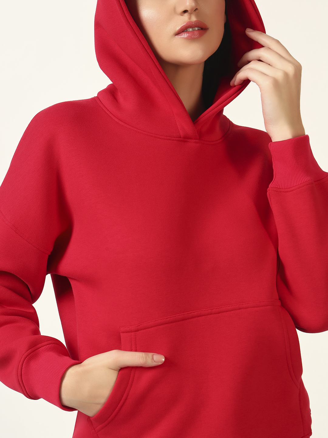 Oneway Women Solid Red Hooded Sweatshirt
