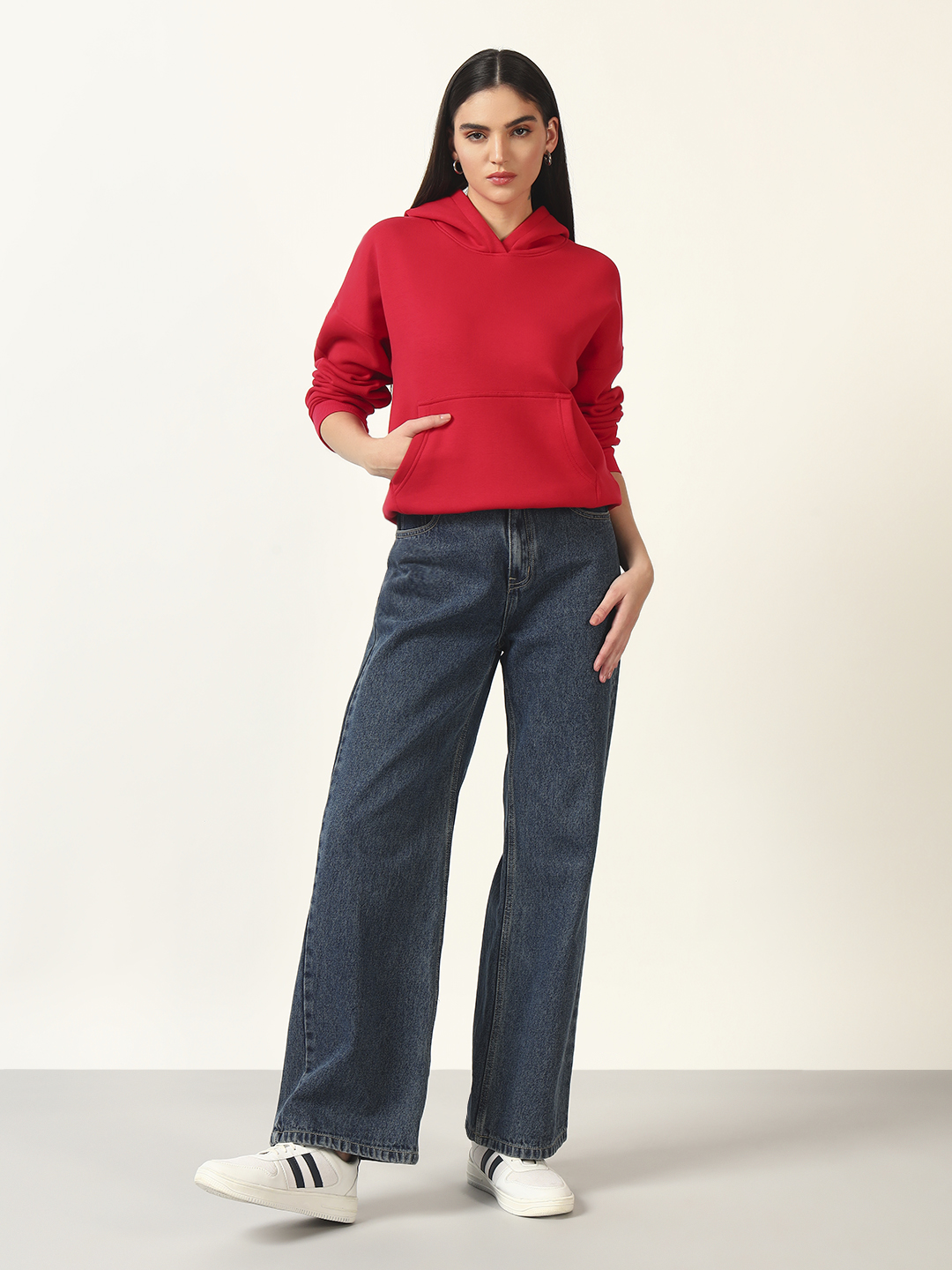 Oneway Women Solid Red Hooded Sweatshirt