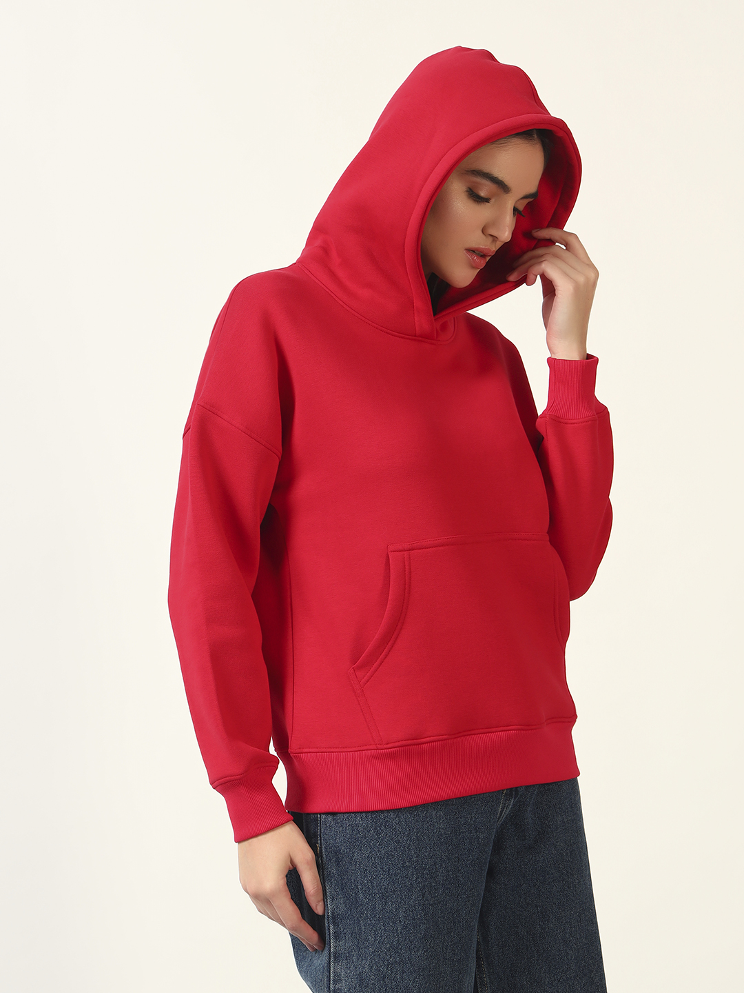 Oneway Women Solid Red Hooded Sweatshirt