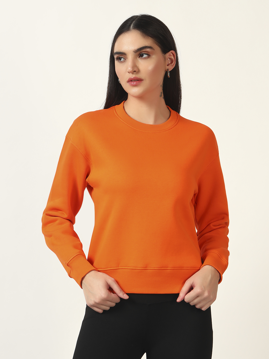 Oneway Women Solid Orange Sweatshirt