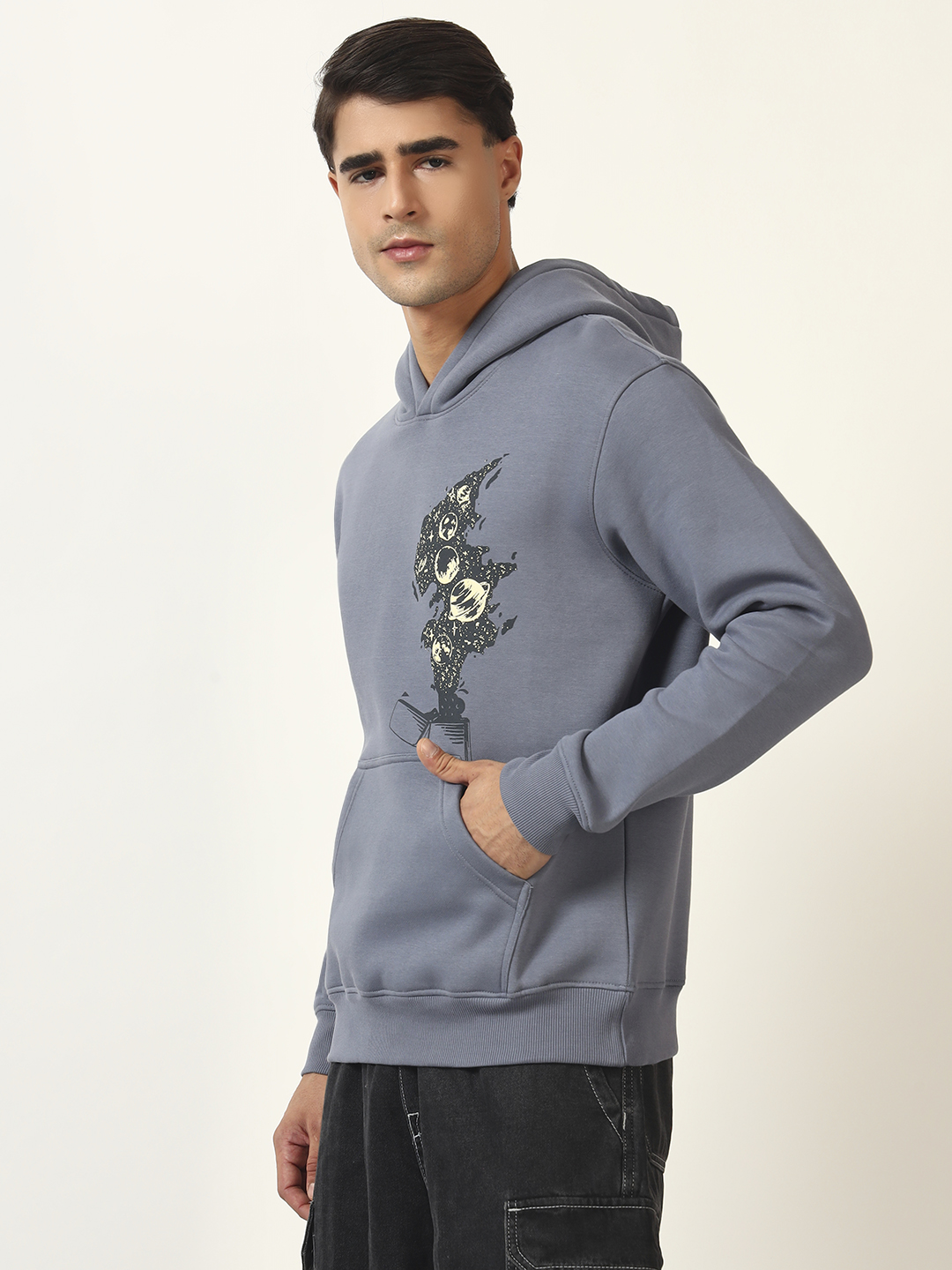 Oneway Men Graphic Print Grey Hooded Sweatshirt