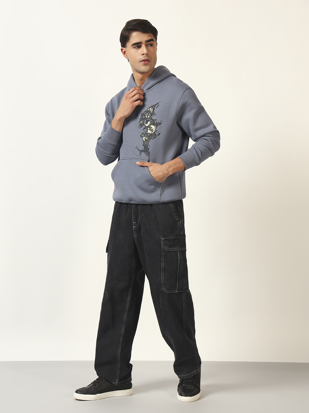 Oneway Men Graphic Print Grey Hooded Sweatshirt