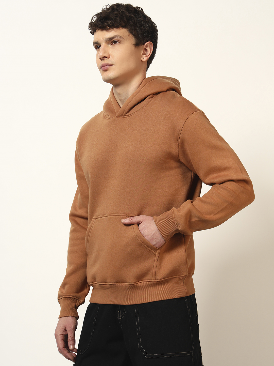 Oneway Men Solid Brown Hooded Sweatshirt
