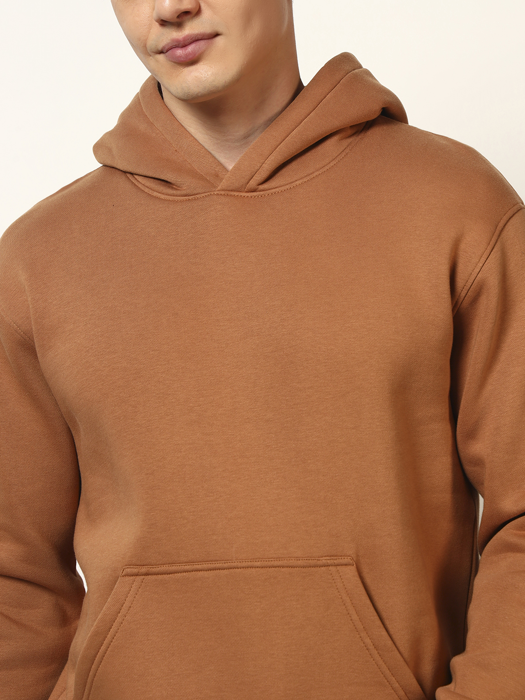 Oneway Men Solid Brown Hooded Sweatshirt