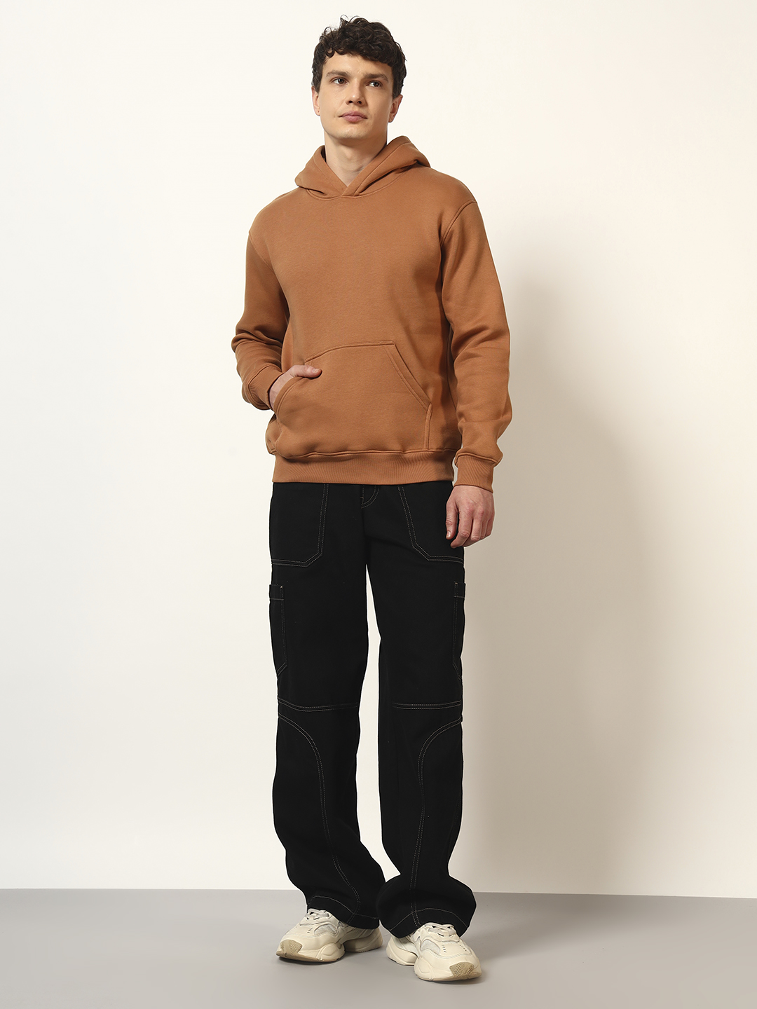 Oneway Men Solid Brown Hooded Sweatshirt