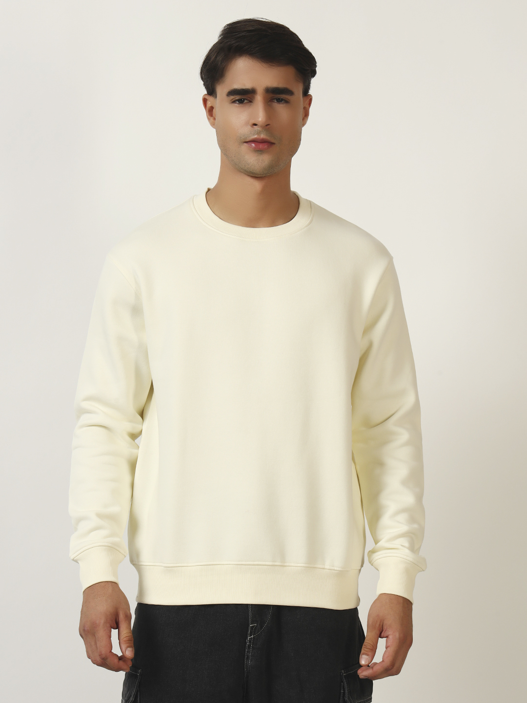 Oneway Men Solid Cream Sweatshirt