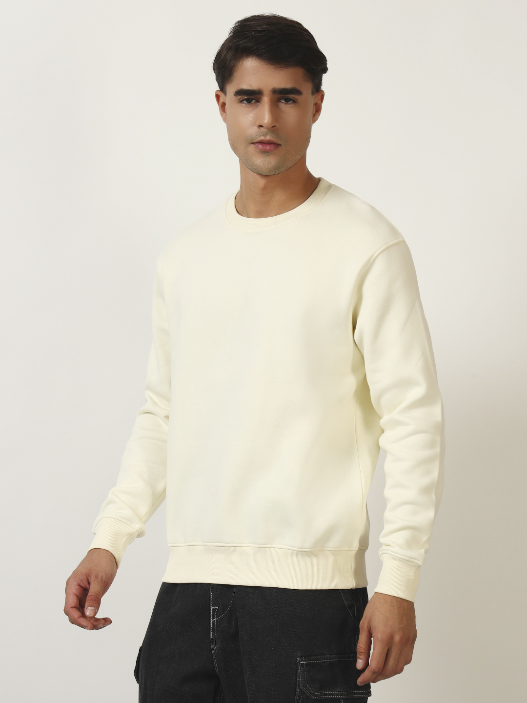 Oneway Men Solid Cream Sweatshirt