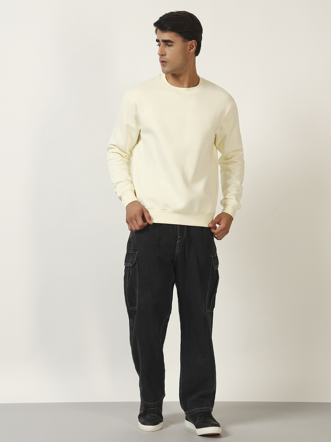 Oneway Men Solid Cream Sweatshirt