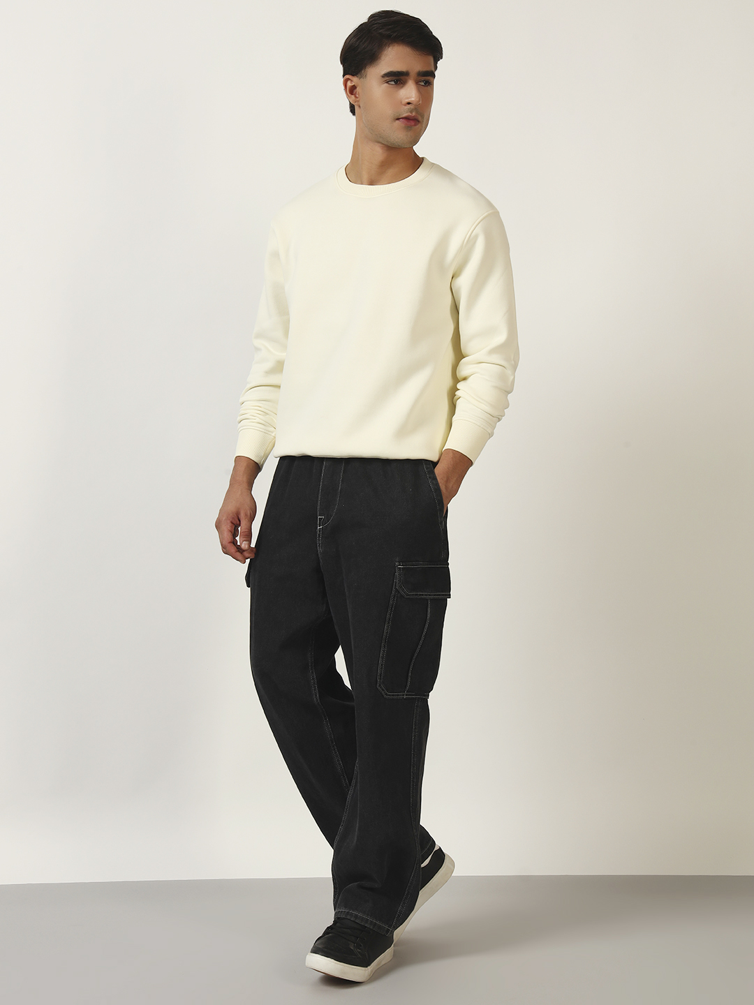 Oneway Men Solid Cream Sweatshirt