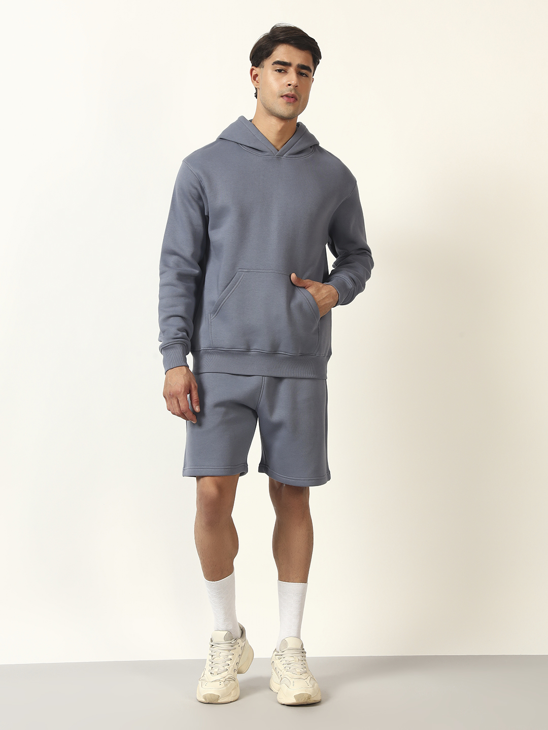 Oneway Men Solid Grey 1 Hooded Sweatshirt,1 Shorts::Tracksuit