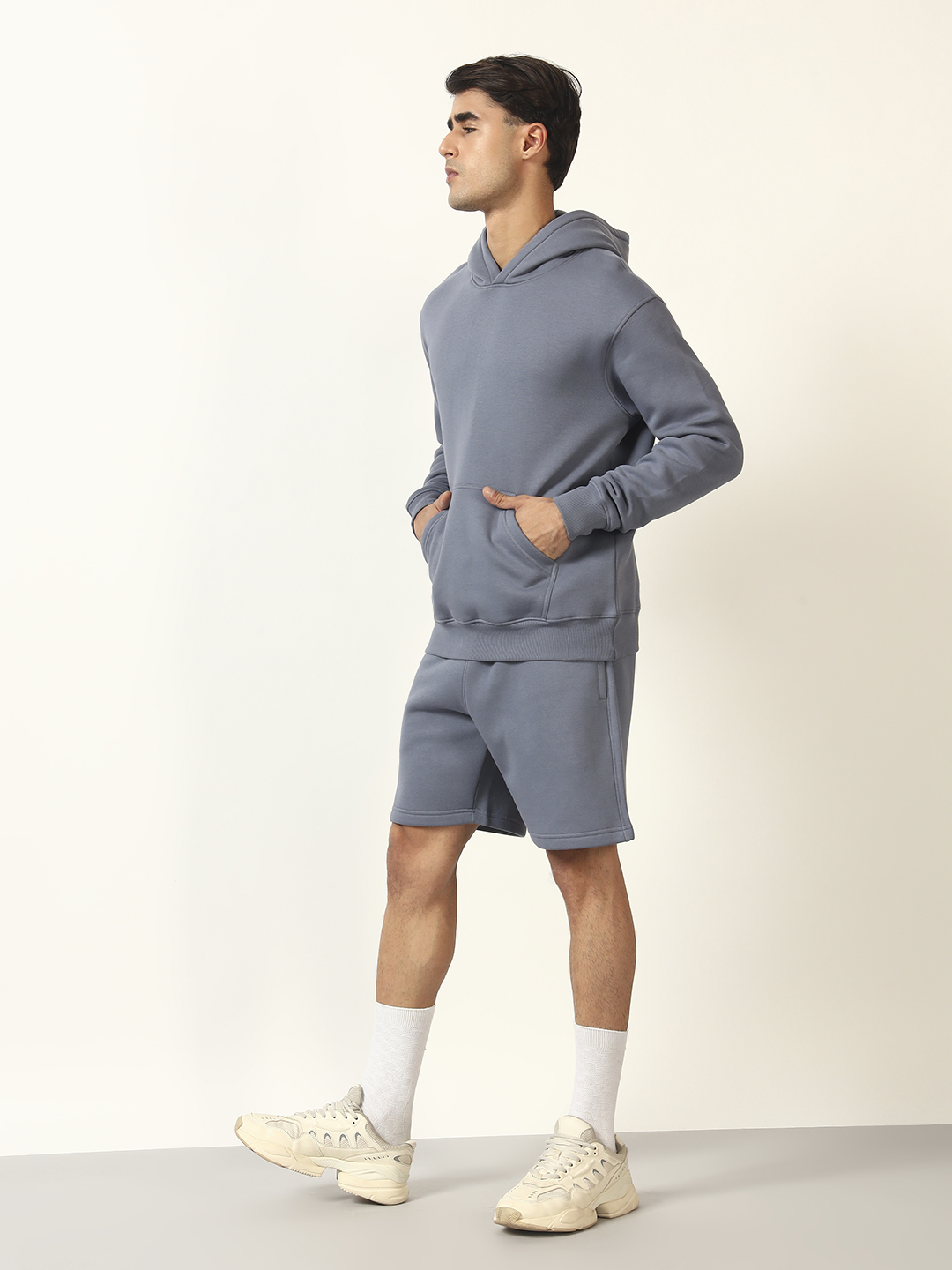 Oneway Men Solid Grey 1 Hooded Sweatshirt,1 Shorts::Tracksuit