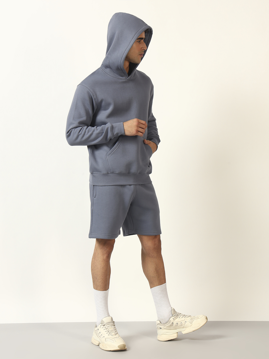 Oneway Men Solid Grey 1 Hooded Sweatshirt,1 Shorts::Tracksuit