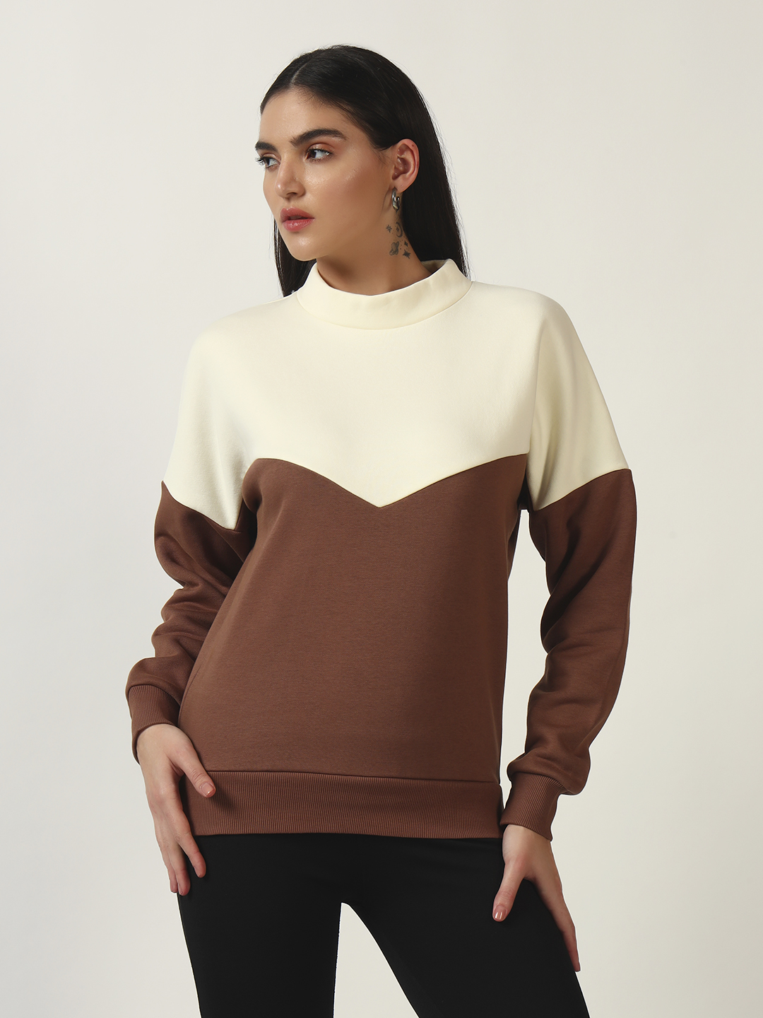 Oneway Women Colorblock Brown Sweatshirt