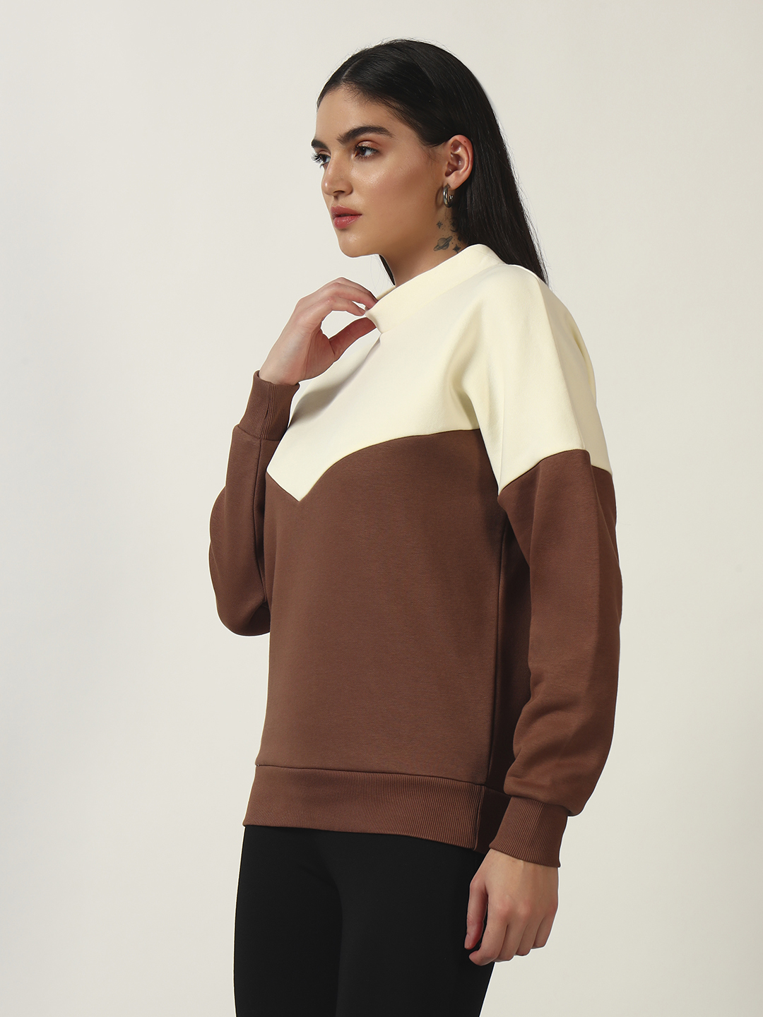 Oneway Women Colorblock Brown Sweatshirt