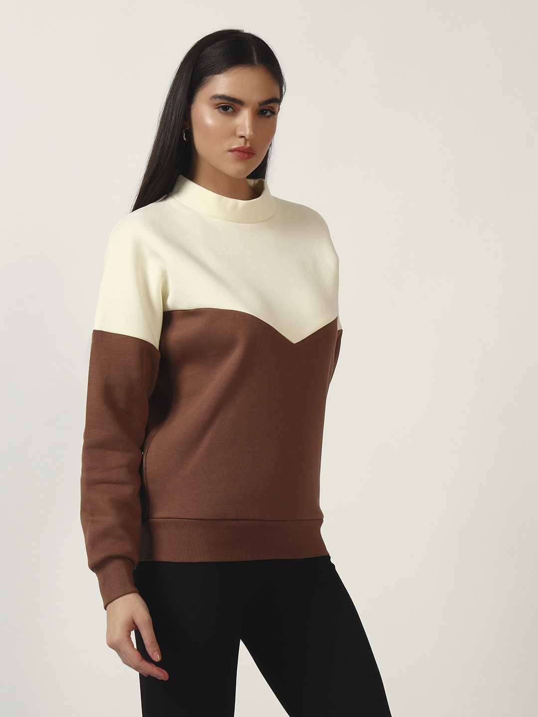 Oneway Women Colorblock Brown Sweatshirt