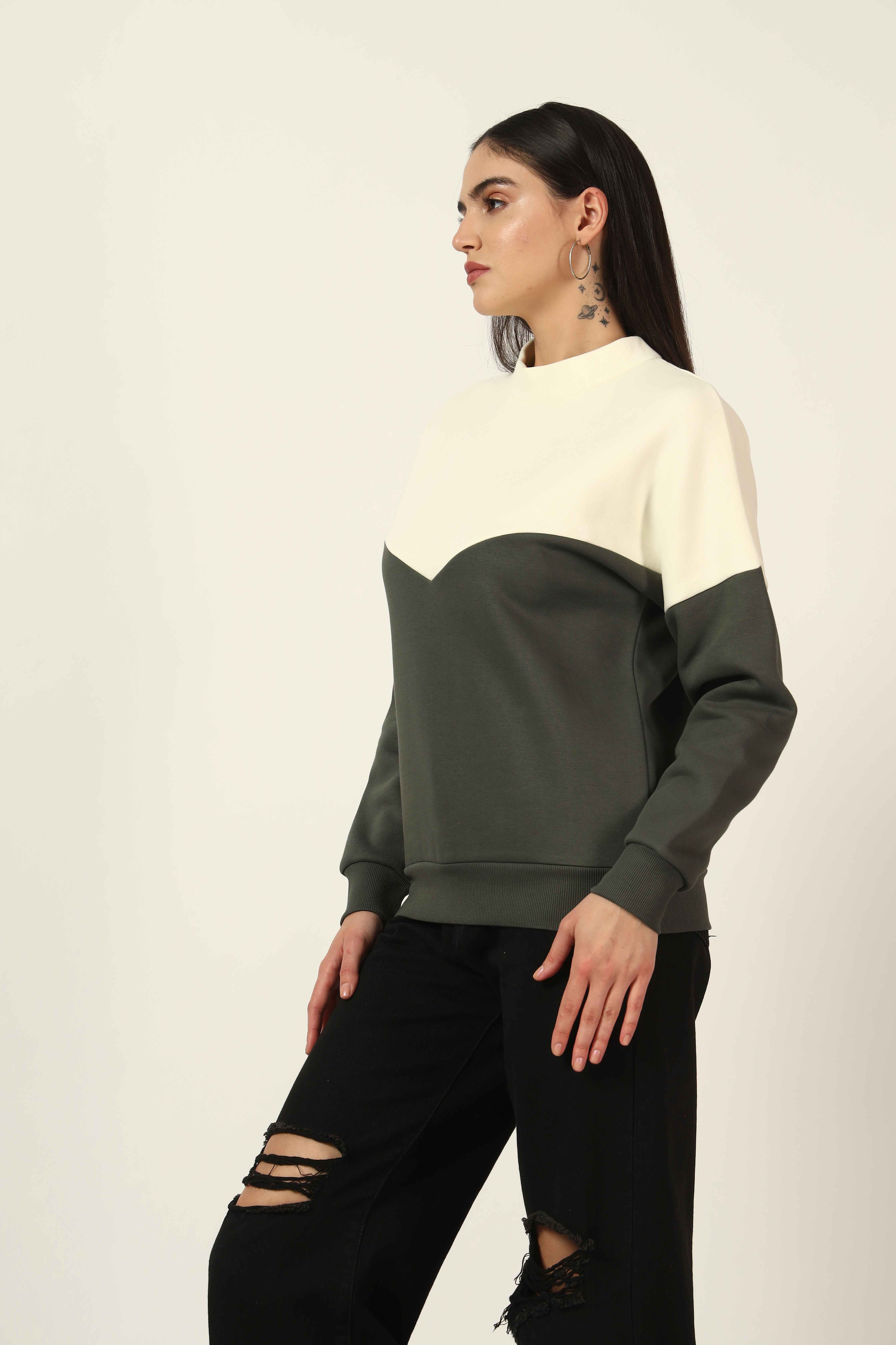 Oneway Women Colorblock Olive Green Sweatshirt