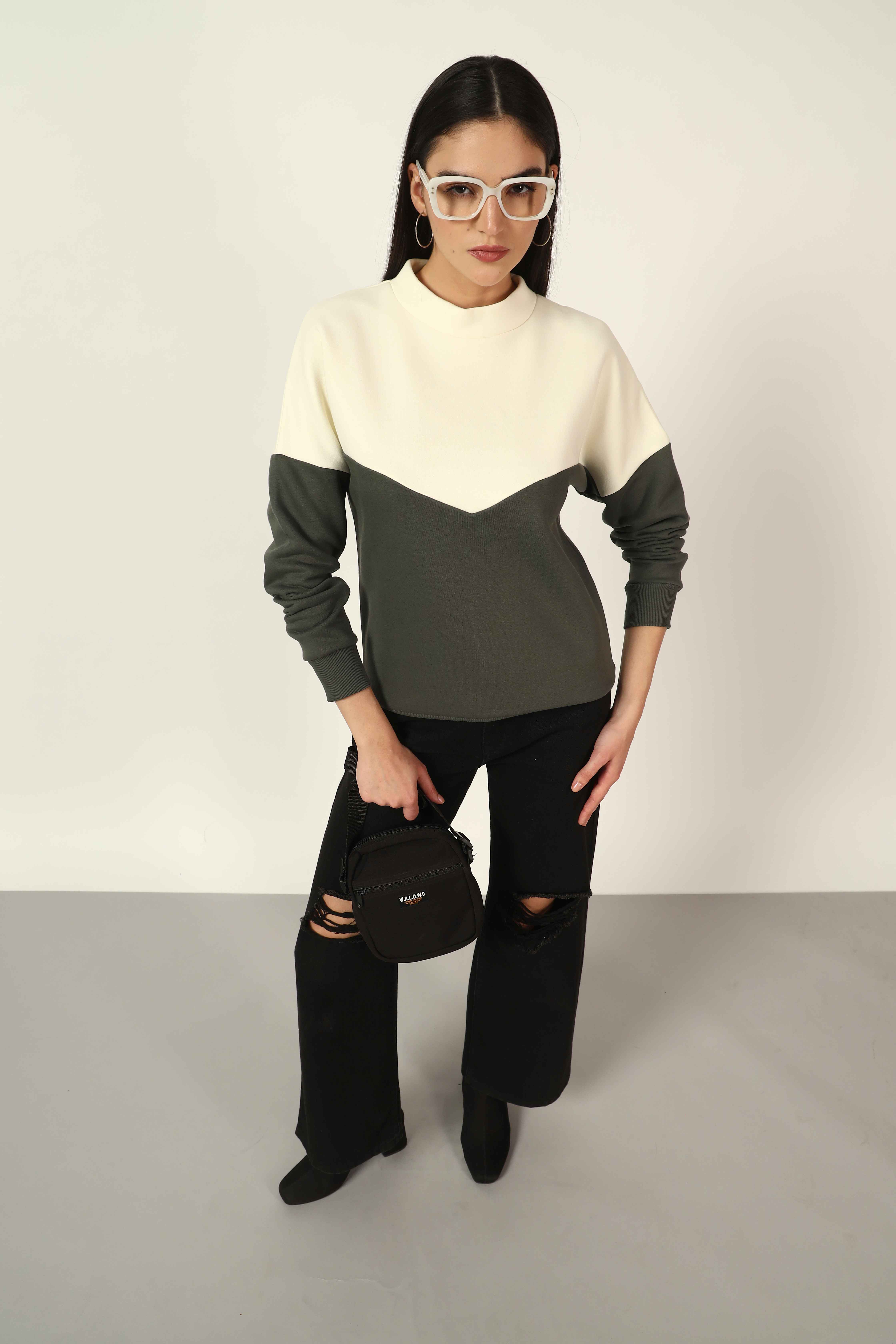 Oneway Women Colorblock Olive Green Sweatshirt