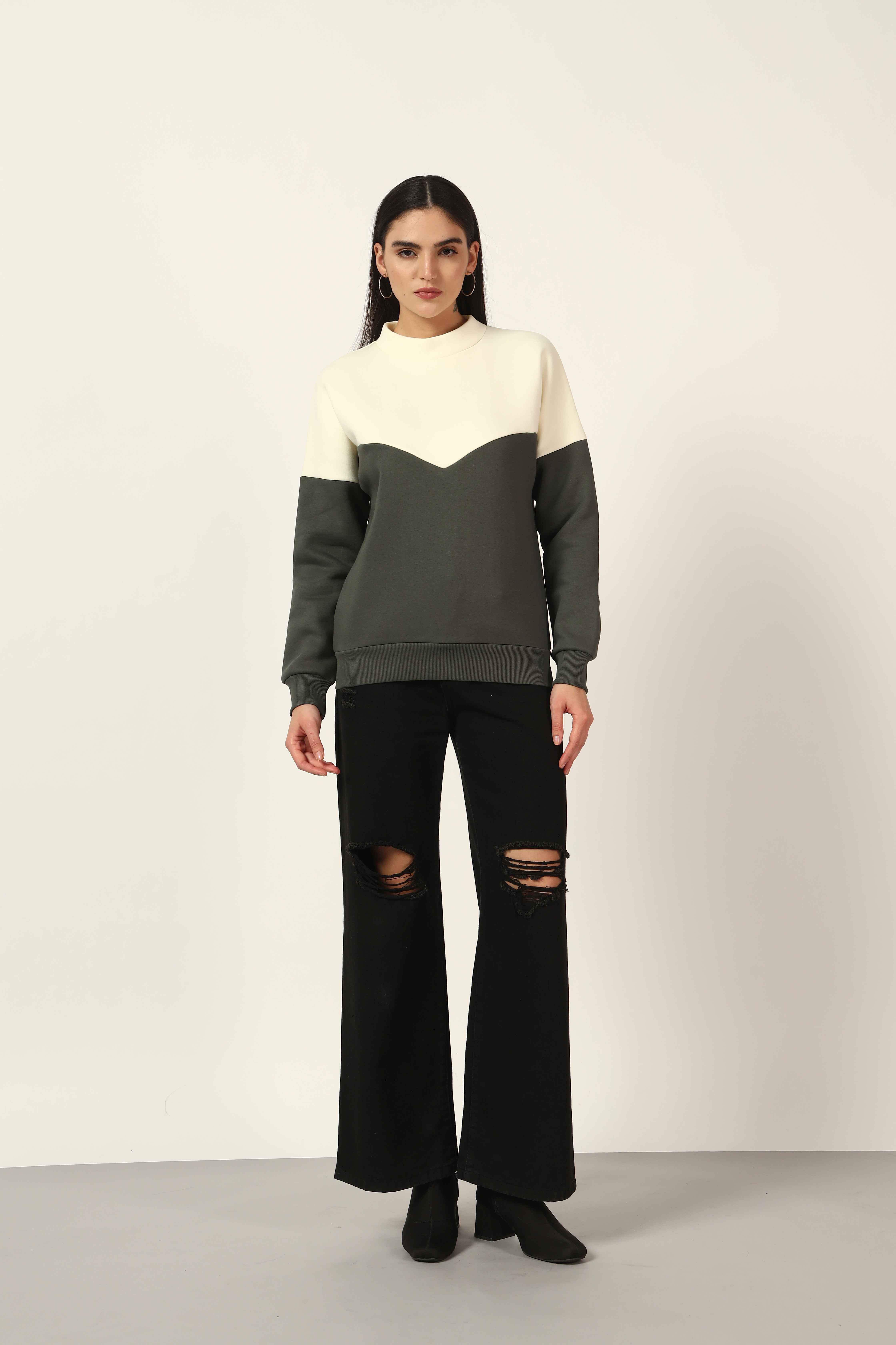 Oneway Women Colorblock Olive Green Sweatshirt