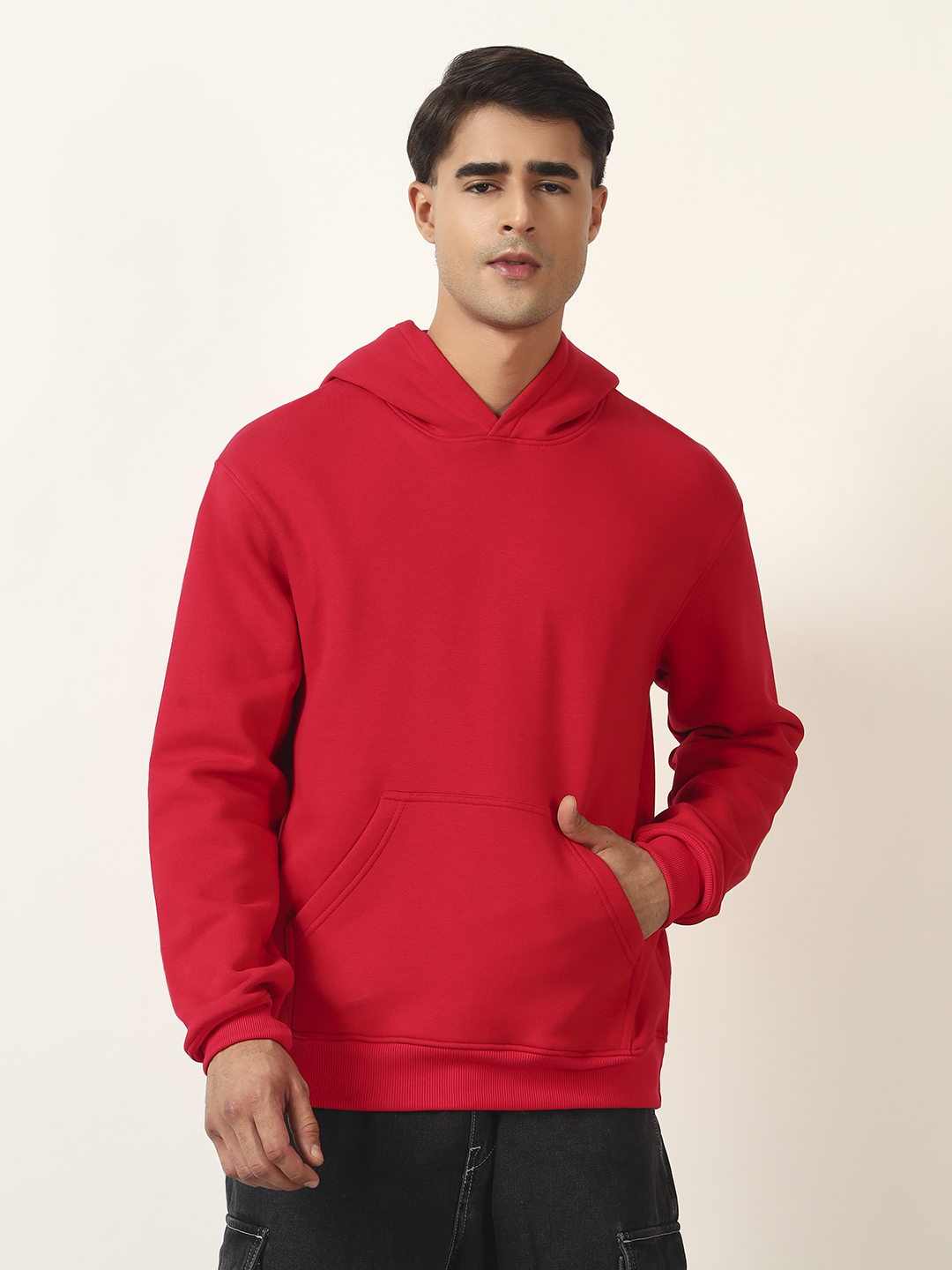 Oneway Men Solid Red Hooded Sweatshirt